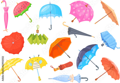 Cartoon sunshades. Colorful umbrellas, fashion parasols for sun or rain weather seasons, uncover and folded umbrella funny kid parasol with cute flowers, neat vector illustration