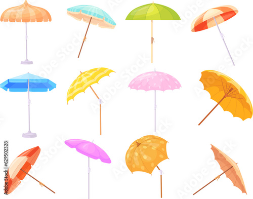 Cartoon beach sunshades. Striped sun umbrella and summer parasol for pool, garden or sea summertime tourism, sunlight protect in shadow, red umbrellas neat vector illustration