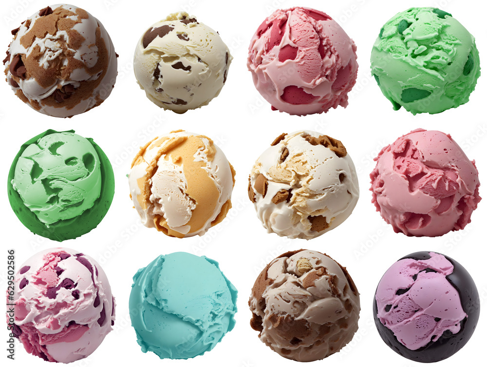 set of delicious ice cream balls / scoops, isolated on transparent background cutout - png - different flavors mockup for design - image compositing footage - alpha channel set of delicious ice cream balls / scoops, isolated on transparent background cutout - png - different flavors mockup for design - image compositing footage - alpha channel