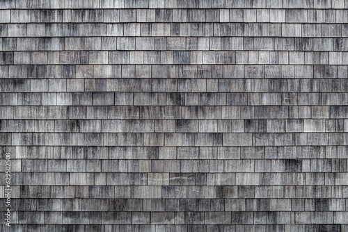 Weathered wooden shingles background. Cedar shake siding pattern for wooden texture background. Wooden roof shingles. Wood roofing pattern detail. Old grey black and white wooden roof texture.
