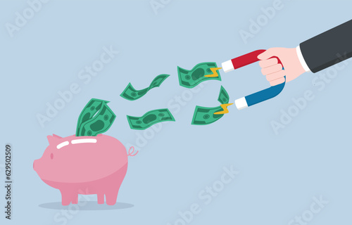 Monetary policy to control inflation, stimulating deposits to reduce money supply, financial measures concept, Hand holding magnet to pull banknotes out of piggy bank.