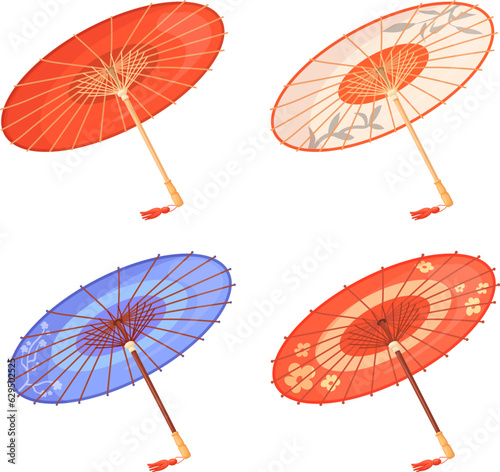 Japanese umbrellas. Beautiful traditional asian umbrella, paper parasol of oriental asia culture japan or china tradition, travel colorful parasols set neat vector illustration