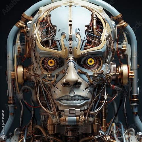 Concept of artificial brain of robot composed of gears and chips.