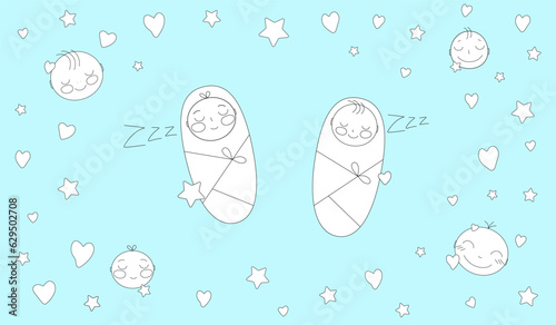 Cute sleeping babies. Faces and swaddled children in stars and hearts. A simple children's illustration.