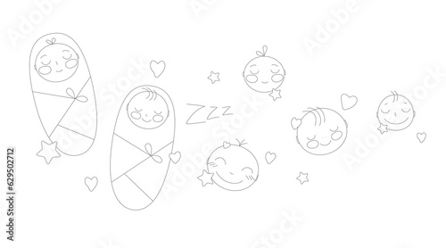 Cute sleeping babies. Faces and swaddled children in stars and hearts. A simple children's illustration.