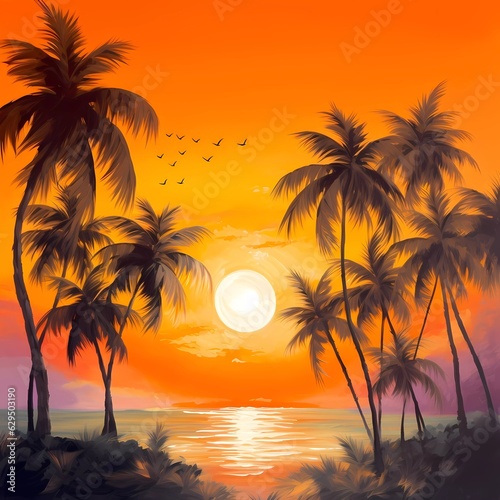 Color beach painting using warm hues to represent a beautiful sunrise over a beach No 1