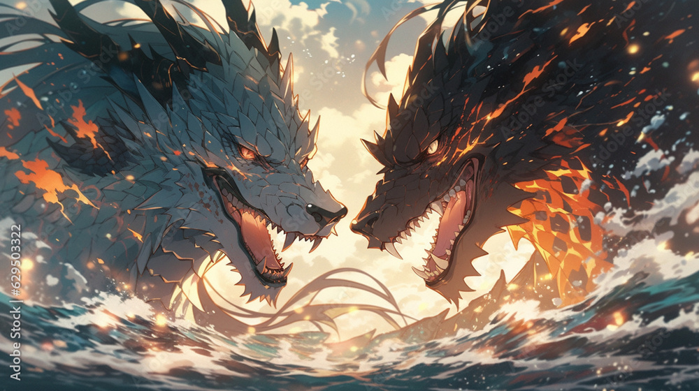 Majestic wolf-dragons face-off: Towering beasts with gaping maws, as turbulent oceans surge below in their awe-inspiring presence. - obrazy, fototapety, plakaty 