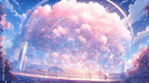 Enchanting anime illustration: a colossal pastel pink tree, radiating soft hues and whimsical beauty against a serene backdrop.