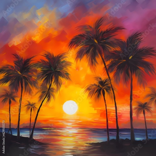 Color beach painting using warm hues to represent a beautiful sunrise over a beach No 3