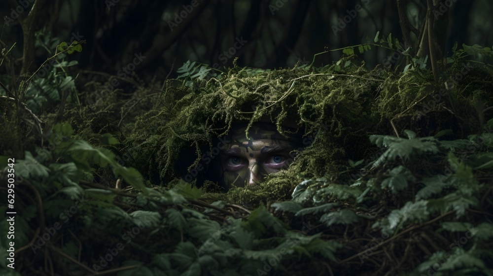 A Soldier camouflaged and hiding in the under growth.AI Generated. A Soldier camouflaged and hiding in the under growth.AI Generated.