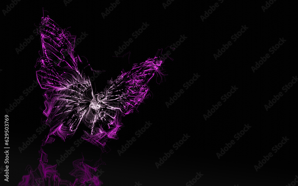 Fototapeta premium light spots, glow powder dust fantasy butterfly pictures Floating, glowing. Glowing pink fantasy butterfly on black background. 3D Rendering.