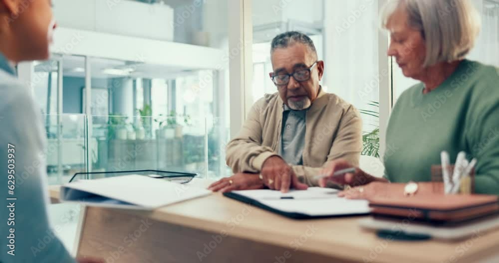 Talking, lawyer or old couple with will, contract or documents for life insurance papers or compliance. Plan, advisor or married elderly clients signing paperwork, legal form or title deed agreement