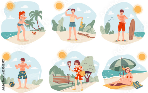 People with sunburn. Sunburned woman and man after heatstroke or dehydrated body skin use sunscreen cream, tanning person sweat heat sun hot temperature, garish vector illustration