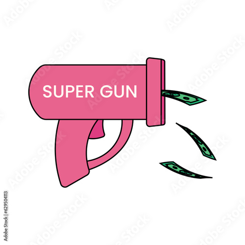 A pink toy gun with the inscription Super gun shoots dollar bills. The money gun shoots dollar bills. Vector illustration isolated on white background