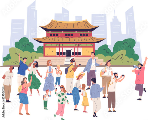 Tourists group guide. Tour guides showing urban landmark, different tourist visit sightseeing on europe city places excursion, traveler with photo camera classy vector illustration