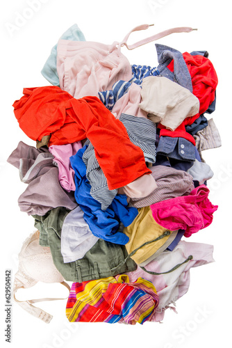 Used clothes in a pile. Sorting second-hand for recycling. Copy space on white background. Top view