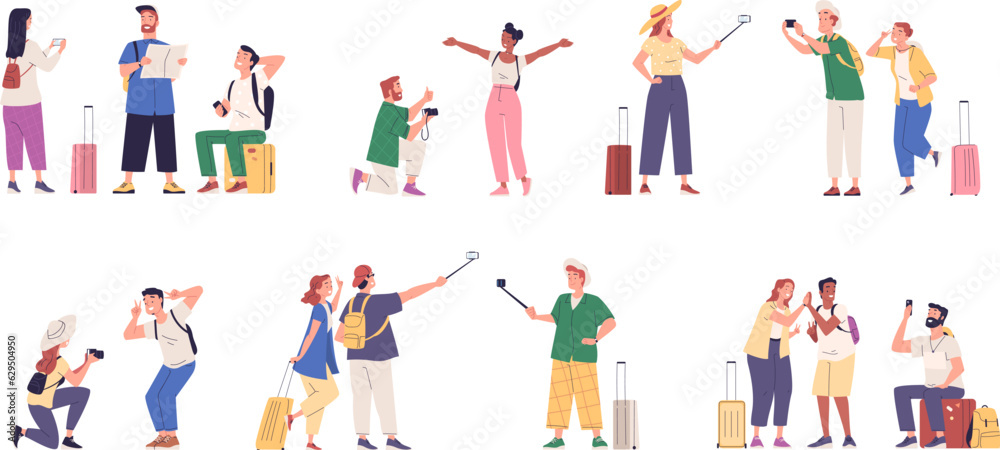 Tourists take photos. Tourist friends travel photographer with camera and luggage, family couple travelers selfie in vacation Tourists take photos. Tourist friends travel photographer with camera and luggage, family couple travelers selfie in vacation
