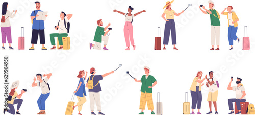 Tourists take photos. Tourist friends travel photographer with camera and luggage, family couple travelers selfie in vacation