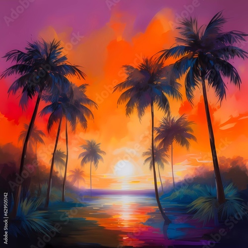 Color beach painting using warm hues to represent a beautiful sunrise over a beach No 4