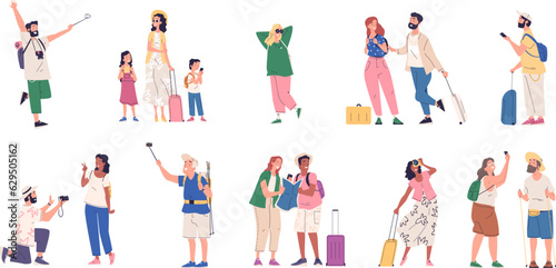 Tourists walking with suitcase. Happy tourism or backpacker walk with backpack and phone in adventure journey, travelling character travel trip leisure classy vector illustration