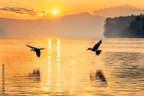 two birds flying closely on lake water at the golden sunset