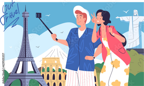Tourists couple selfie. Lover travelers take photo on phone in romance travel trip summer vacation, girlfriend boyfriend sightseeing adventure holiday, classy vector illustration