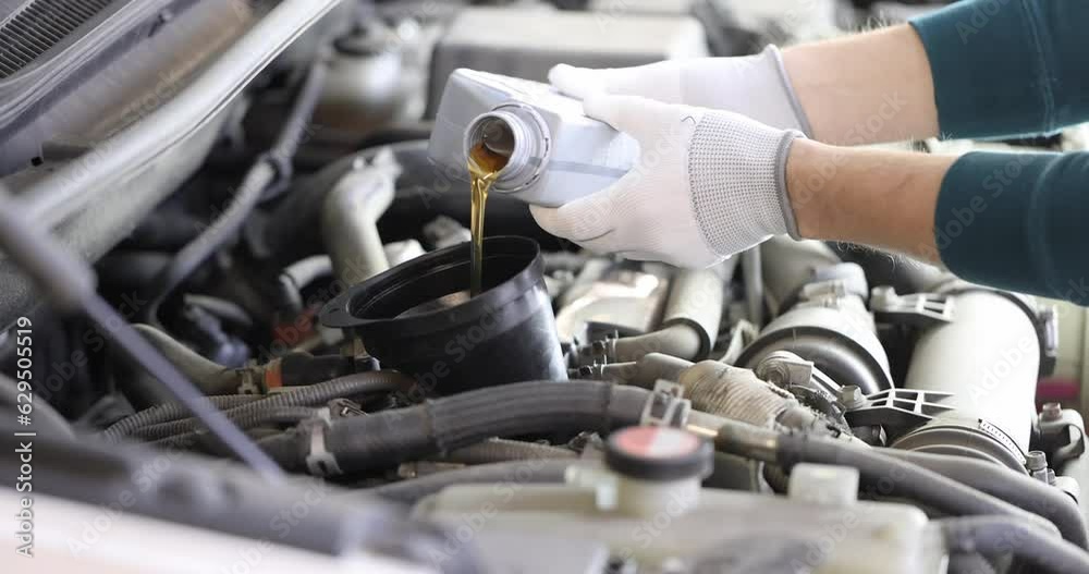 Mechanic pouring engine oil into car 4k movie. Car maintenance motor oil change concept Mechanic pouring engine oil into car 4k movie. Car maintenance motor oil change concept