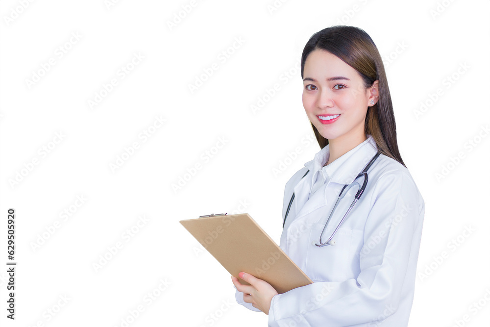 Professional beautiful young woman doctor holding document in clipboard smiling looking at the camera while she wears a white lab coat and a stethoscope in hospital. Professional beautiful young woman doctor holding document in clipboard smiling looking at the camera while she wears a white lab coat and a stethoscope in hospital.