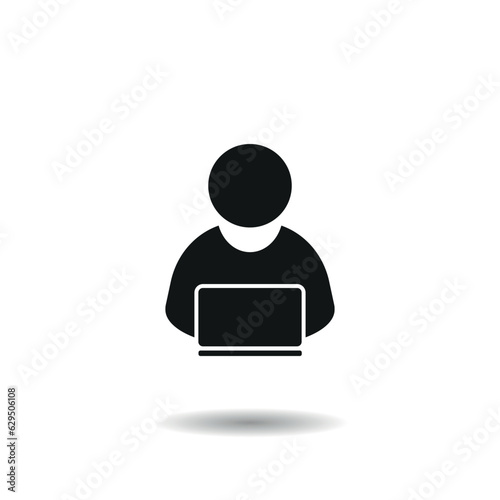 Person with laptop icon vector illustration. Worker on isolated background. Freelancer sign concept.