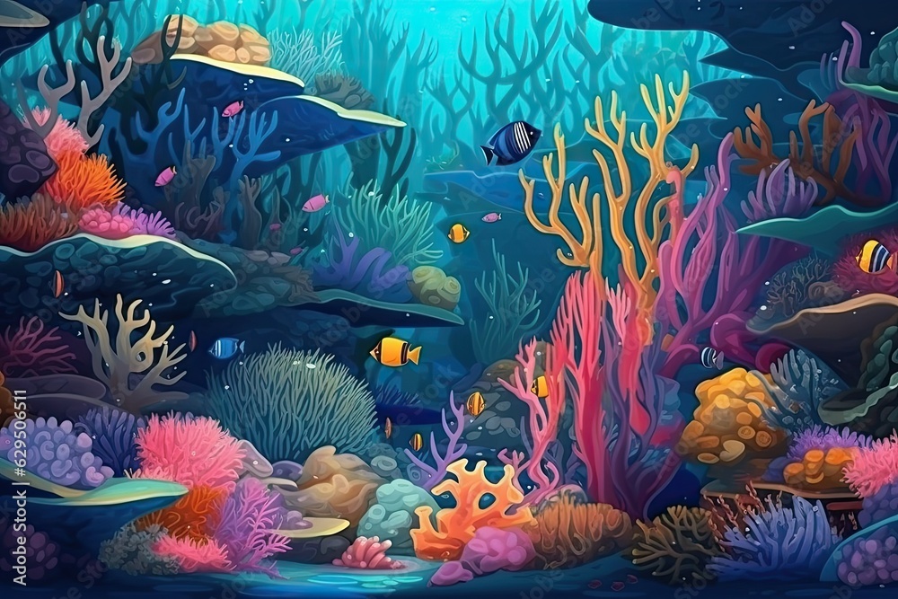 Fototapeta premium An enchanting underwater world filled with colorful marine life, vibrant coral reefs and playful fish.