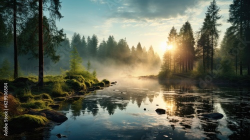 Beautiful summer morning dreamy Forest creek in warm sunlight natural panoramic countryside landscape Pastoral scenery. Selective focusing on foreground. Fog in the pond on a sunny morning.