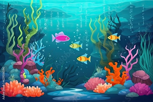 Breathtaking seascape with cute cartoon illustrations of aquatic fish surrounded by seaweed and beautiful underwater plants.