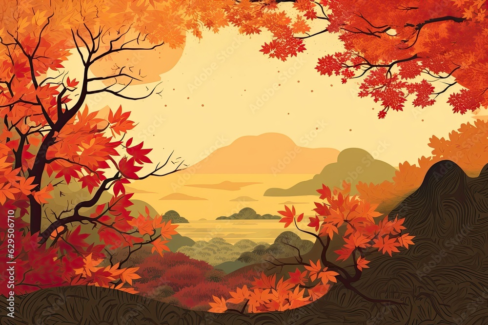 Illustration of a beautiful autumn mountain landscape with trees covered in yellow and red foliage.