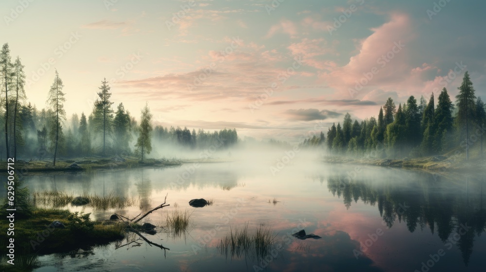 Fototapeta premium Beautiful summer morning dreamy Forest creek in warm sunlight natural panoramic countryside landscape Pastoral scenery. Selective focusing on foreground. Fog in the pond on a sunny morning.