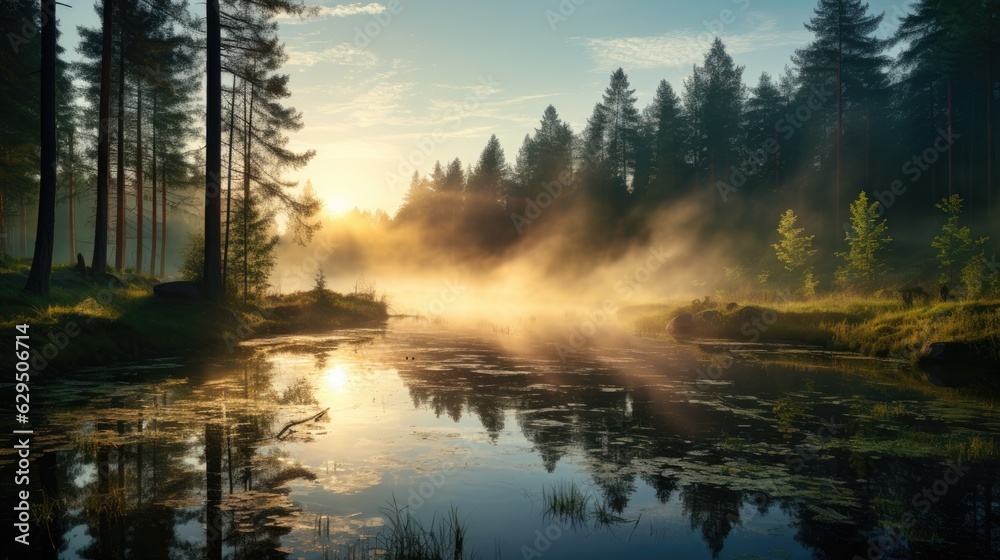 Beautiful summer morning dreamy Forest creek in warm sunlight natural panoramic countryside landscape Pastoral scenery. Selective focusing on foreground. Fog in the pond on a sunny morning. Beautiful summer morning dreamy Forest creek in warm sunlight natural panoramic countryside landscape Pastoral scenery. Selective focusing on foreground. Fog in the pond on a sunny morning.