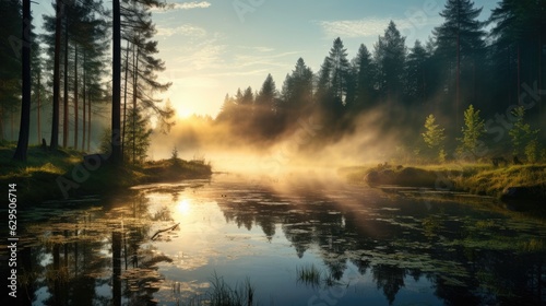 Beautiful summer morning dreamy Forest creek in warm sunlight natural panoramic countryside landscape Pastoral scenery. Selective focusing on foreground. Fog in the pond on a sunny morning. © ND STOCK