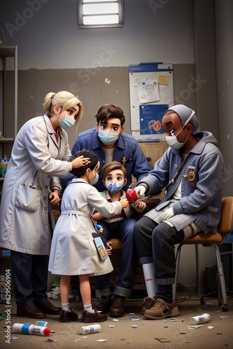 medico vaccina bambina in ambulatorio con assistente e infermiere per prevenire malattia, indossano maschere facciali chirurgiche photo