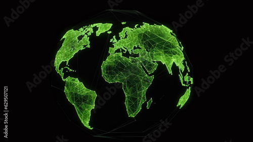 3d World map network connection glowing polygonal triangle neon lines on dark black background. World connection futuristic concept  website landing page template design. Generative AI