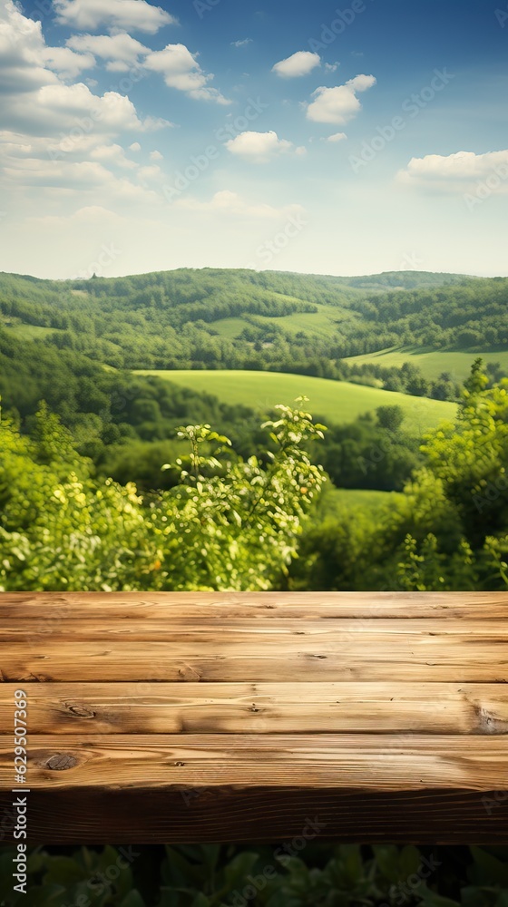Wooden table against the backdrop of green mountains. Beautiful background for advertising.Generative AI.
