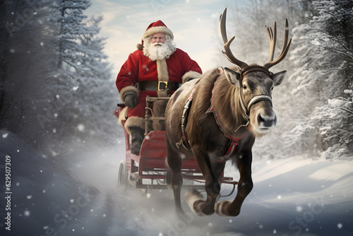 A sleigh with reindeer and a Santa Claus. Christmas celebration greeting card photo