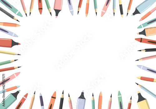 Colorful school supplies border frame. Isolated on white background. School writing supplies banner