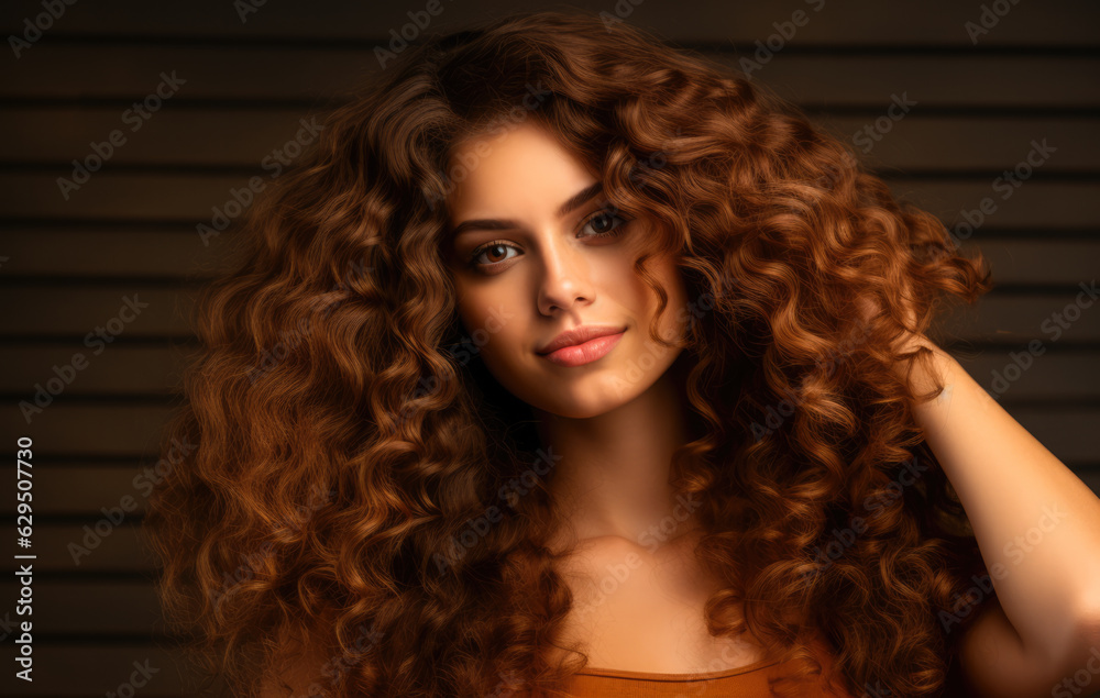 Portrait of a young woman with curly brown hair. Generative AI.