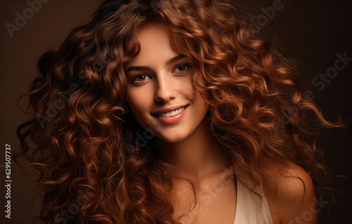 Portrait of a young woman with curly brown hair. Generative AI.