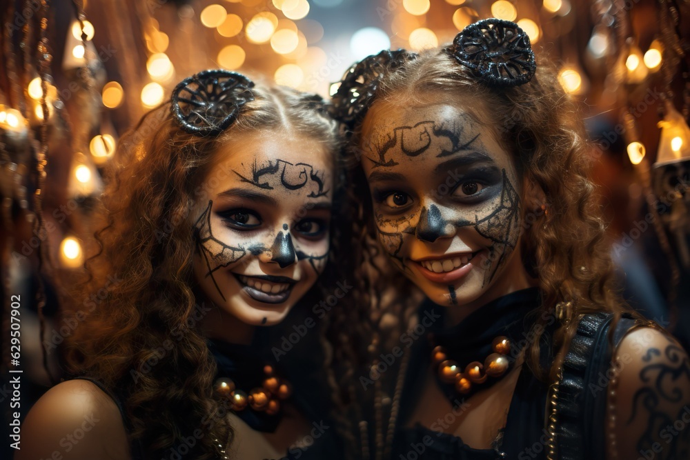  Little kids at a Halloween party in scary costumes posing Halloween concept made with generative ai technology