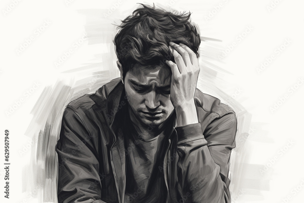 Fototapeta premium sketch of a man looking depressed and sad. generative ai.