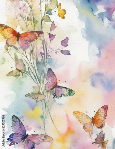 water color painted colorful butterflies and leaves