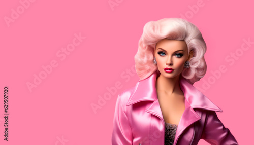 Print op canvas Barbie doll on a pink background. Barbie woman. Generative AI.