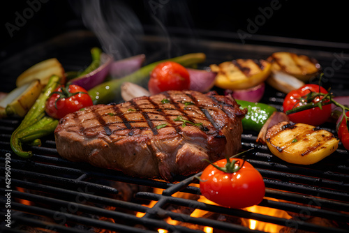A steak and vegetables on a grill