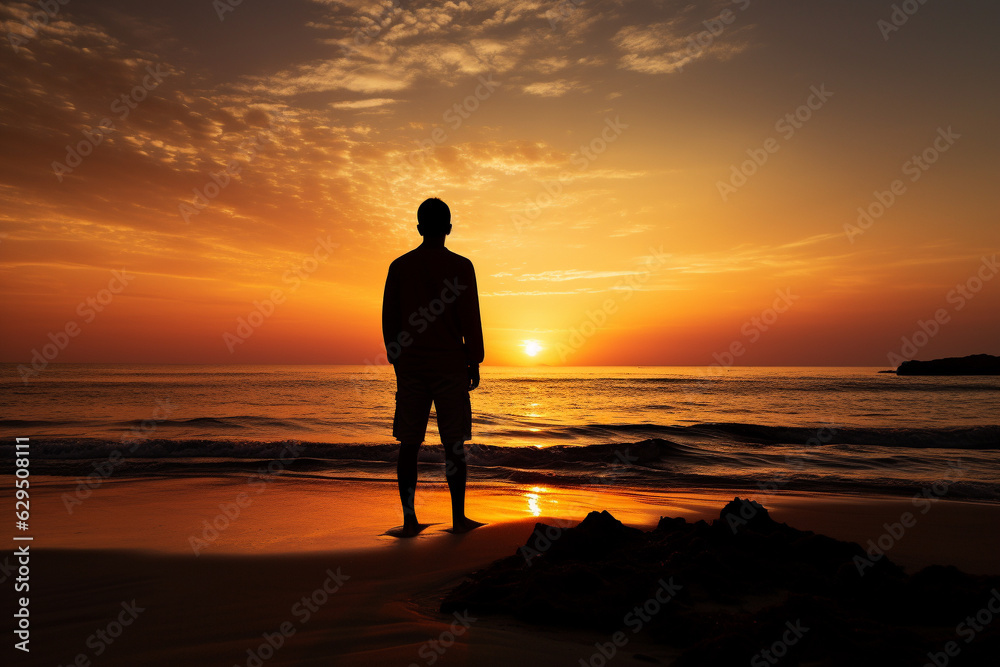 silhouette of a man standing at coast and watching beautiful sunset. generative ai.
