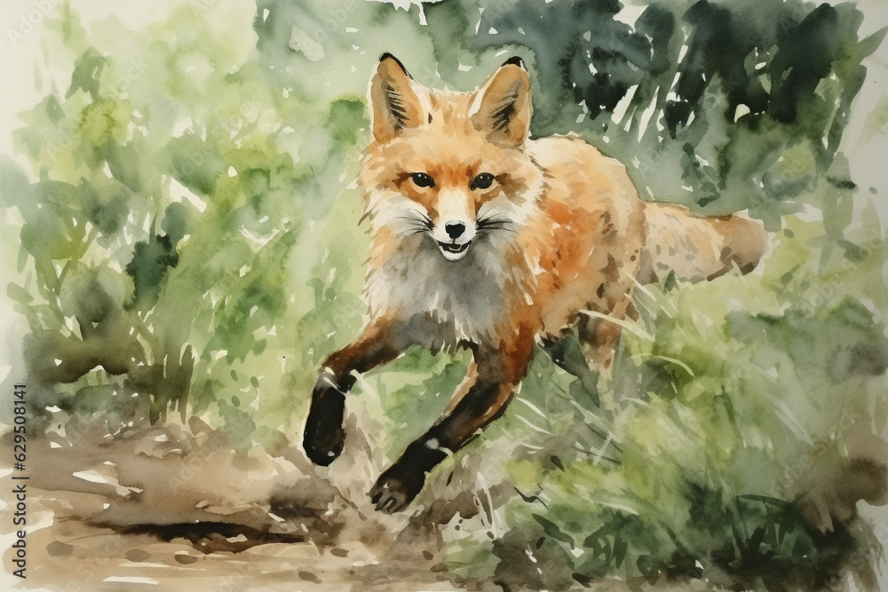 beautiful watercolor painting of red fox runnung in green forest. generative ai.